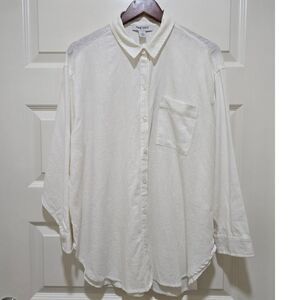 Nine West White Linen Blend Button Down Shirt NWT Women's Size L Relaxed Fit